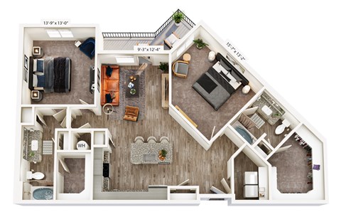 A detailed 3D floor plan of a small apartment with a living room, kitchen, and bathroom.
